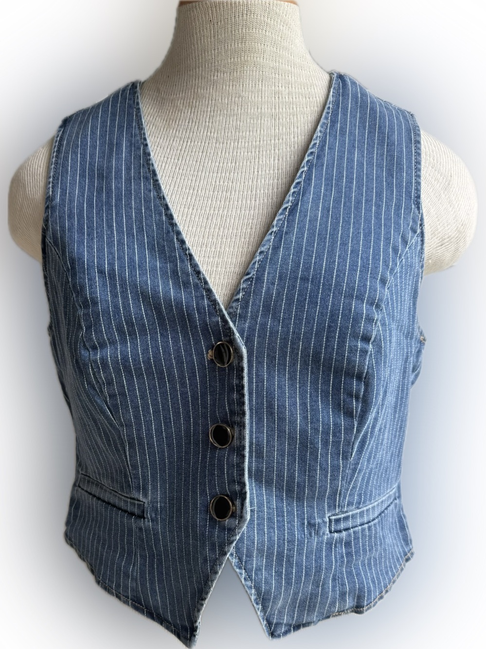 Avec Les Filles Blue and White Pinstripe Denim Vest